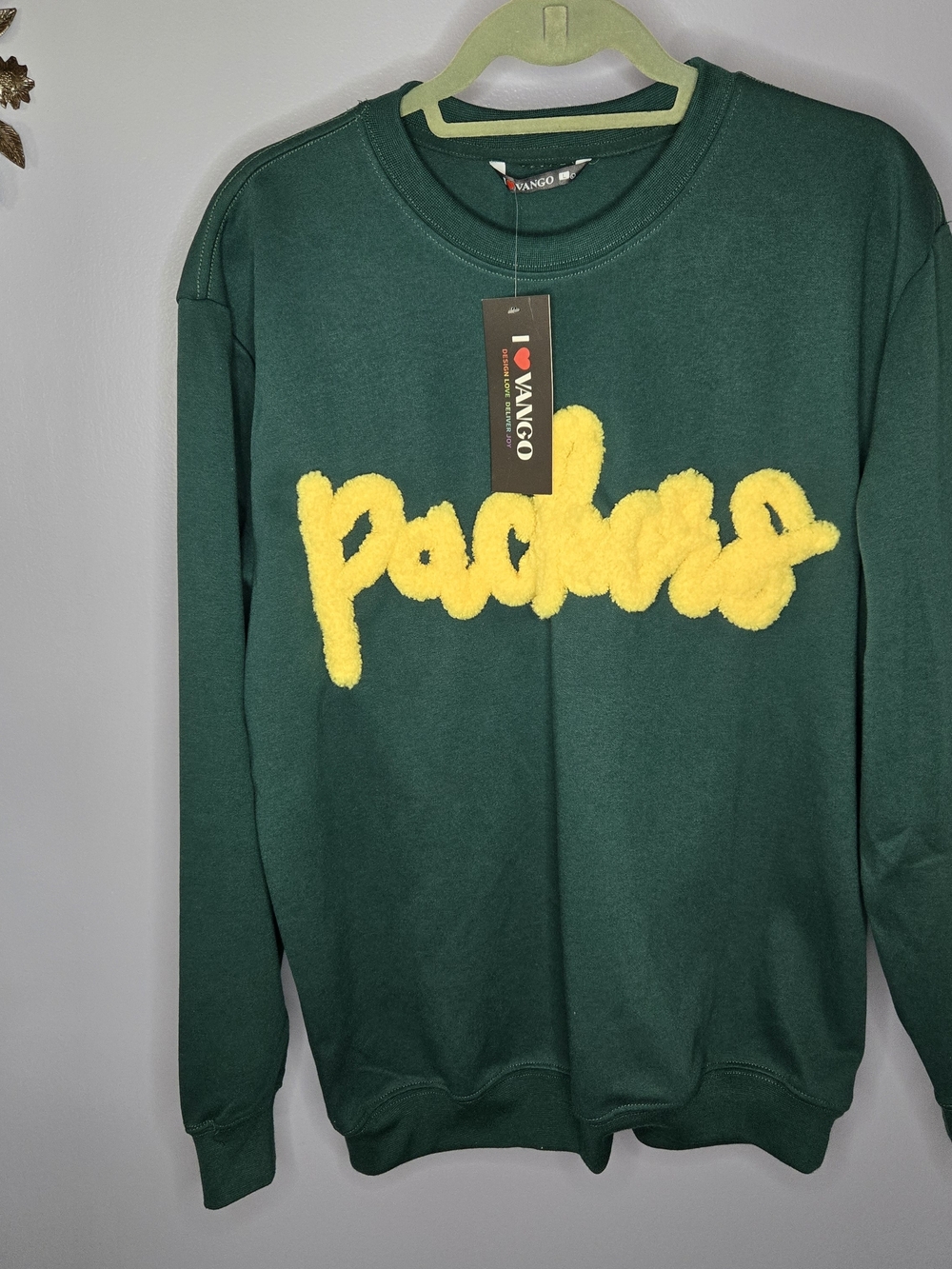 I ♥ VANGO Green Sweatshirt with Yellow Chenille 'Packers' Script - Green Bay Fan